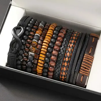 12 Pieces Vintage Woven Faux Leather Tiger's Eye & Moonstone Bead Bracelet Set for Casual Party Fashion Accessories (Box Not Inc 1