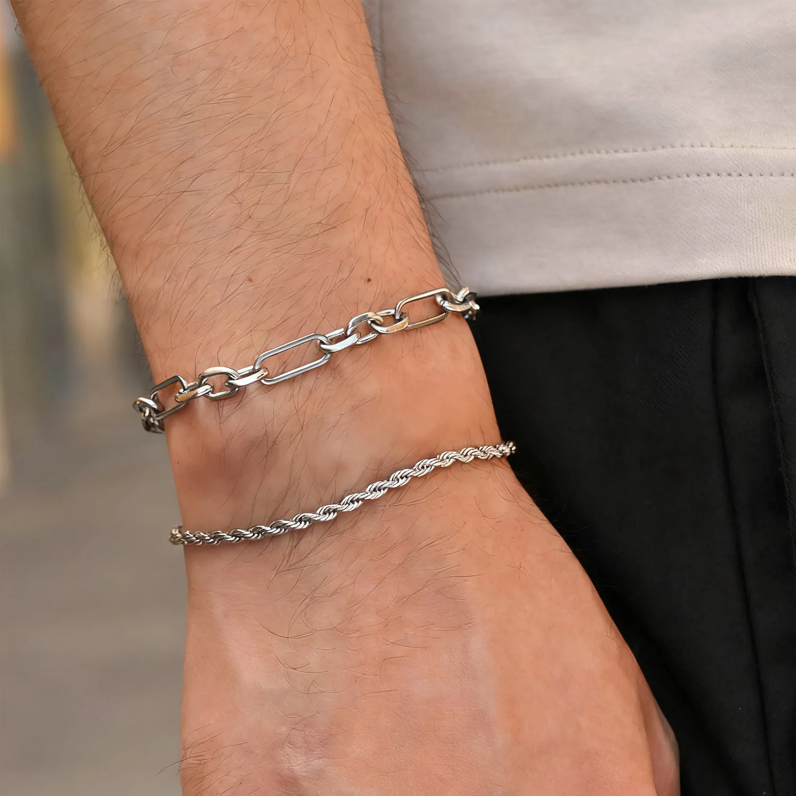 2pcs Men's Chain Bracelet,Silver Color Stainless Steel Bracelet,Stylish Jewelry Set Gift for Husband Dad BBF