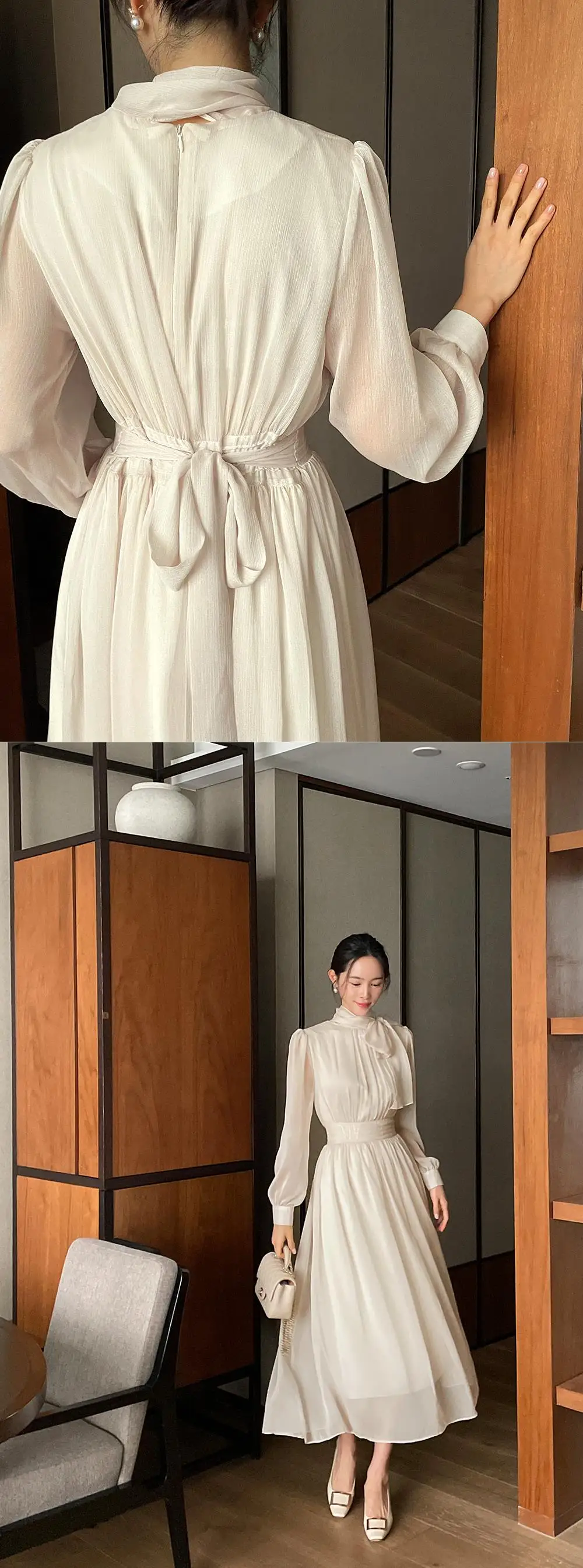 Elegant Midi Dresses for Women Long Sleeves Half High Collar Lace-up A-line Korean Fashion Autumn New One Piece Vestido Mujer