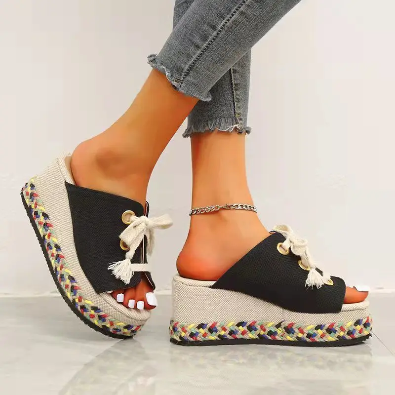 Summer Women Shoes Lace Up Height Increase Wedge Slippers Woman Plus Size Open Toe Straw Platform Sandals Zapatillas Mujer |