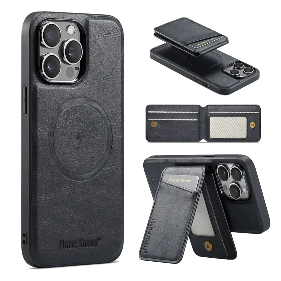 Magnetic Detachable Leather Wallet Phone Stand with Wireless Charging Compatibility