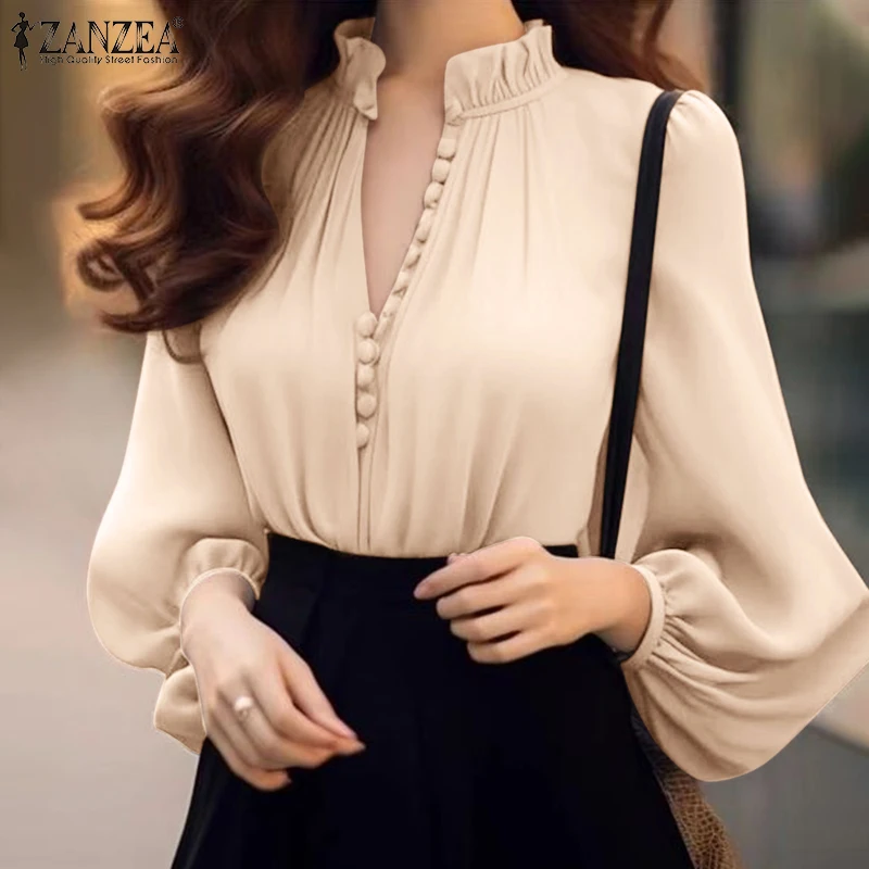 ZANZEA-قمم فانوس طويلة الأكمام ، قميص فضفاض برقبة...