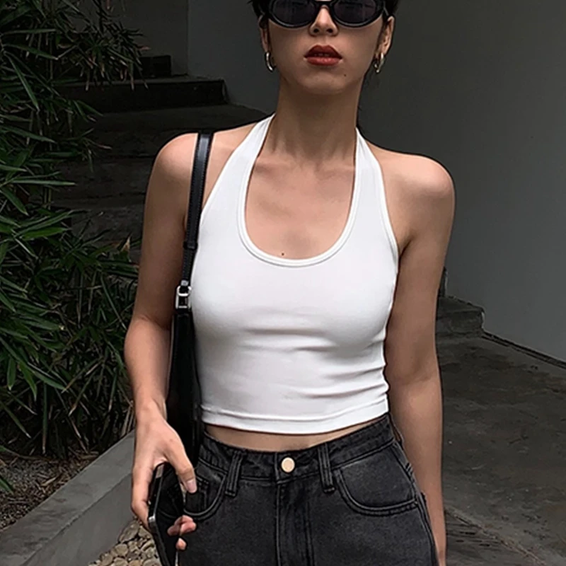 Cotton Sexy Backless Black White Tank Tops Halter Streetwear Vest Female Crop Top Summer 2023 Basic T-shirts Ladies Tube Camis images - 6