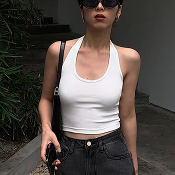 Cotton Sexy Backless Black White Tank Tops Halter Streetwear Vest Female Crop Top Summer 2024 Basic T-shirts Ladies Tube Camis 6