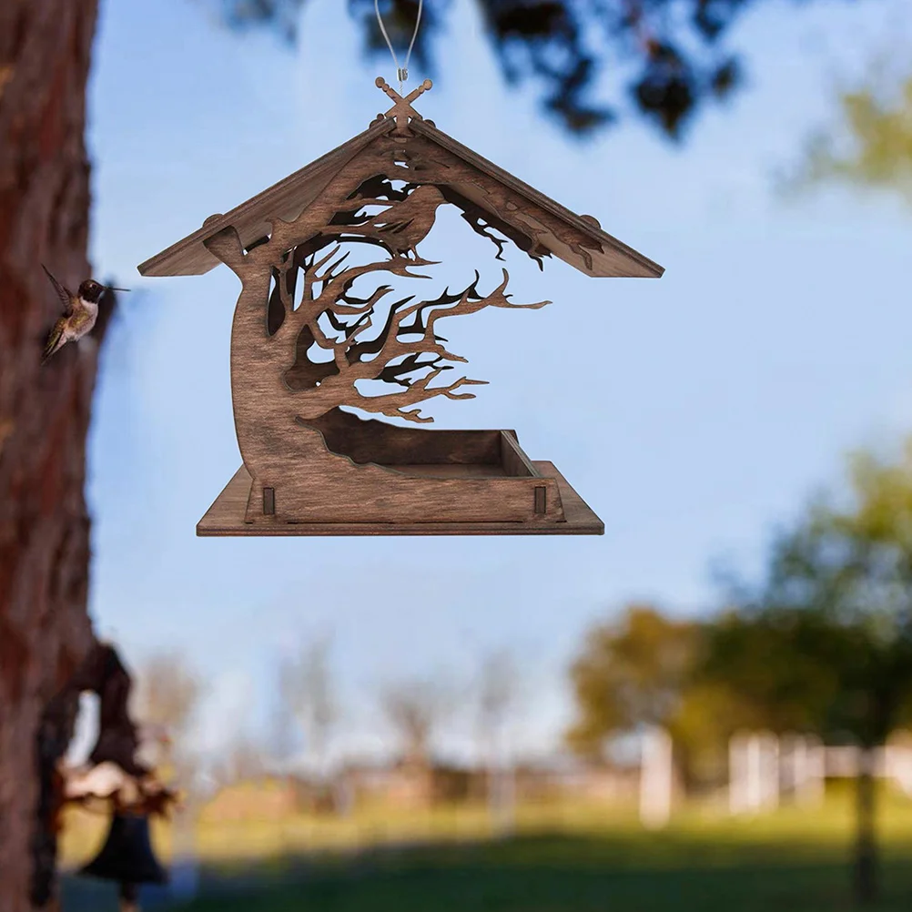 Bird Feeding House Food Container Hanging Feeder Bird's Nest Wood Garden Home