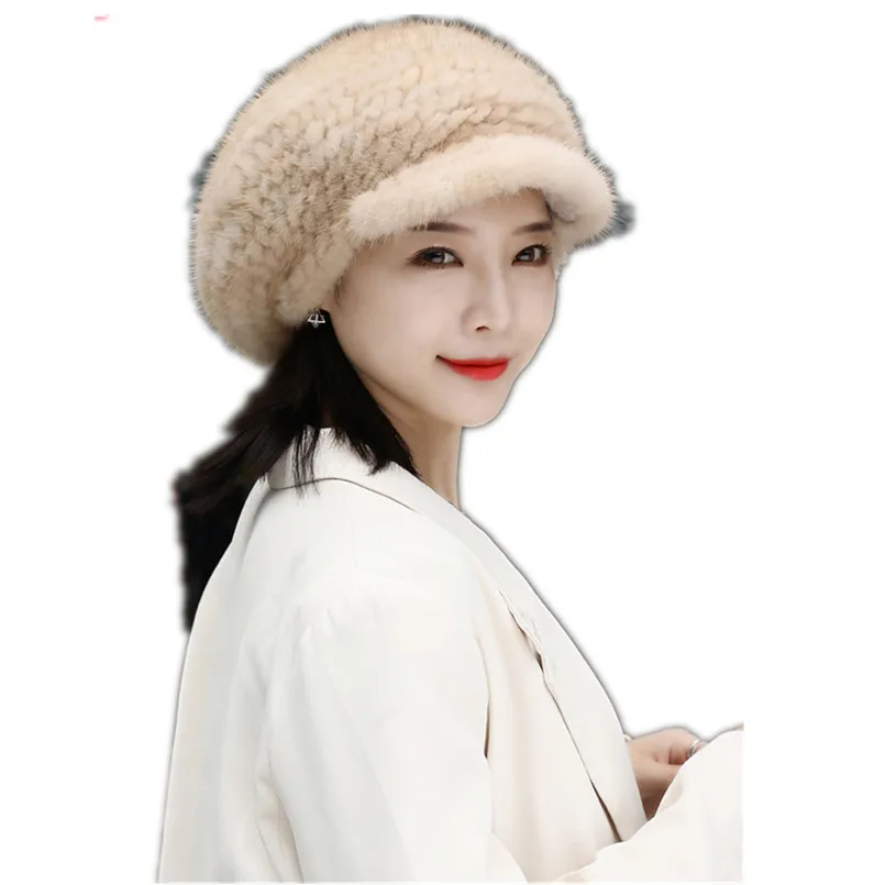 Echte Nerz Pelz Gestrickte Hut Elegante frauen Winter Caps Neue Mode Dicke Warme Lose Hüte mit Krempe – Detail 1