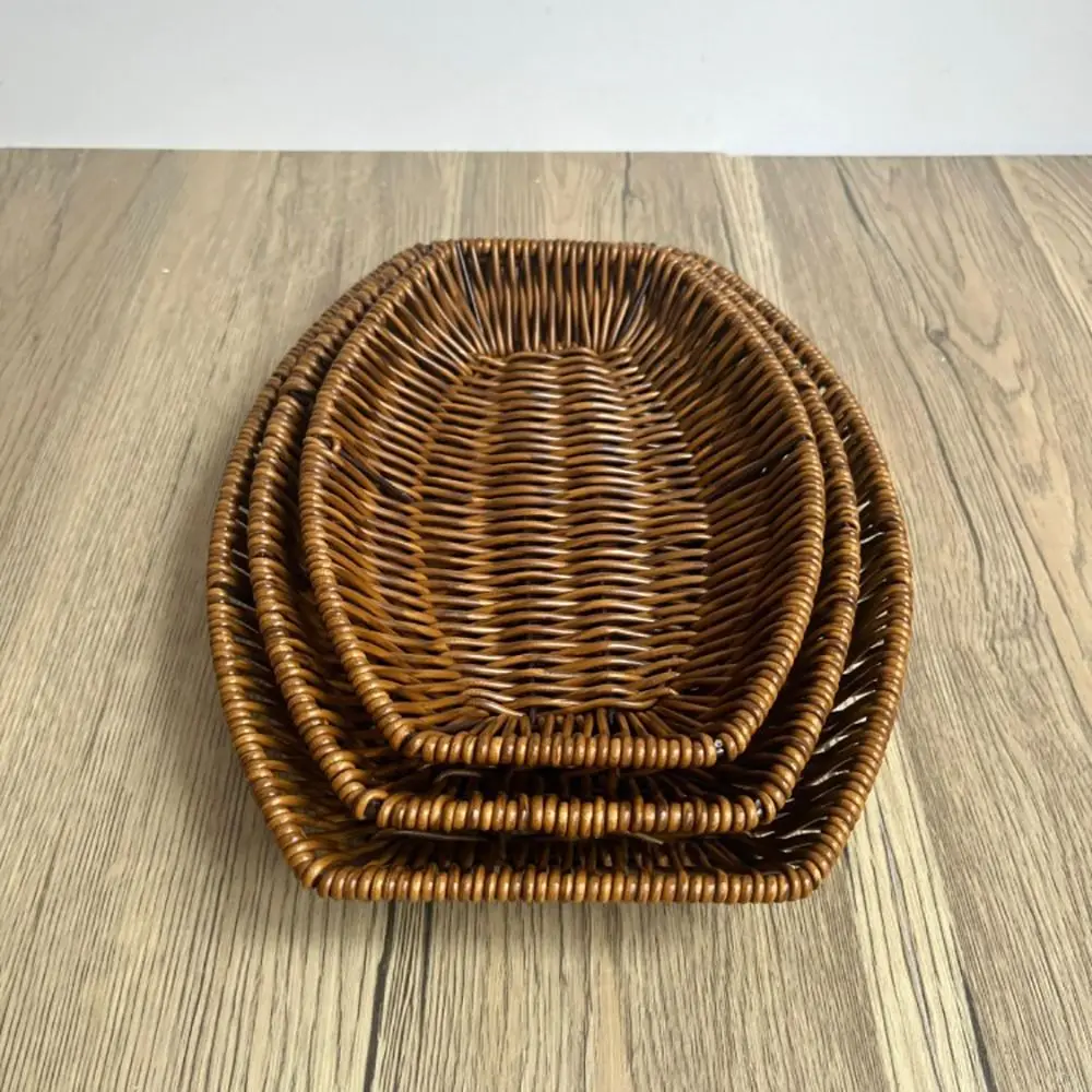Hand-Woven Breakfast Bread Tray Food Plate Serving Display Basket Rattan Storage Tray Fruit Vegetable Cake Wicker Basket 6