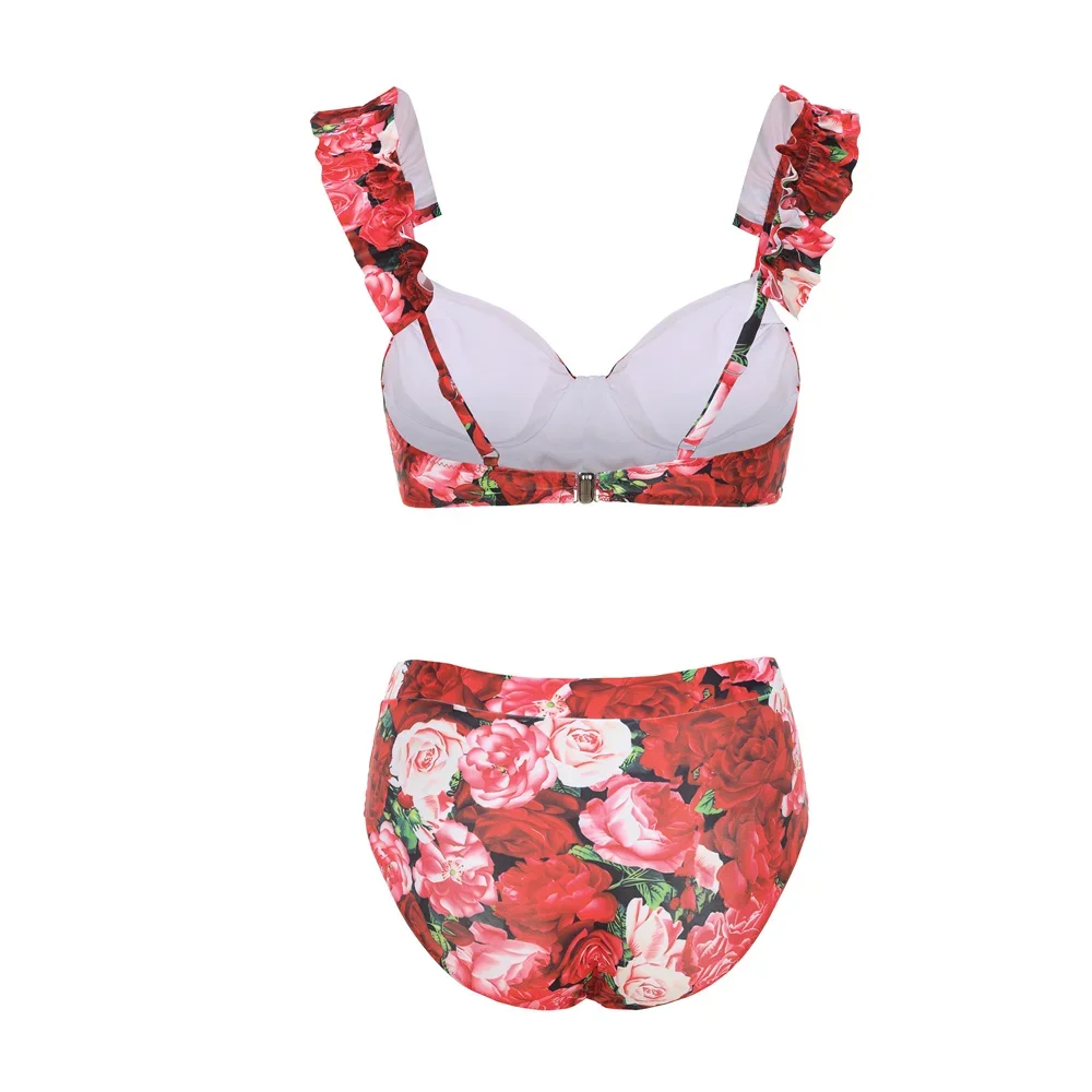 SUNSIREN Floral Print Separate Swimsuit Women Ruffle Shoulder Strap Three Pieces Swimwear Sexy Low Waist Push Up Beach Wear