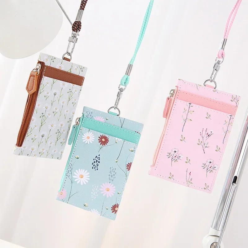 Women Floral Card Holder Wallet Neck Strap Lanyard Badge PU Leather Wallet Bank Credit Card ID Holder Case Purse Bag leather wallet wallet card holder card holder credit card holder credit card wallet card wallet id card holder id card case wallet card bag