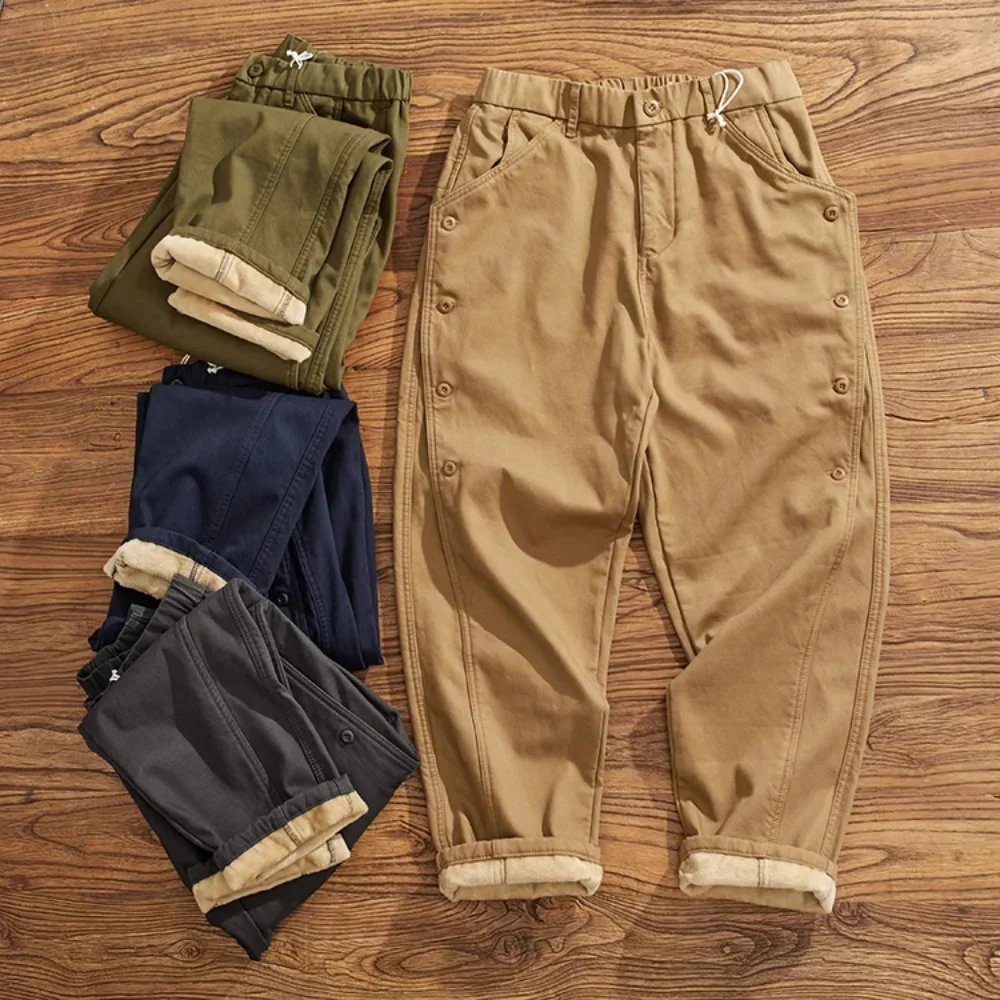 

Winter fleece thickened warm and cold cargo casual pants men fashion brand breasted loose straight cone