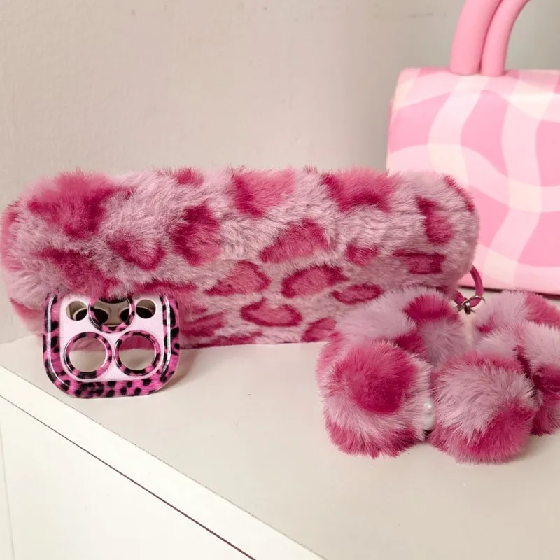 Leopard Fluffy Fur Case with Kickstand and Camera Lens Protection
