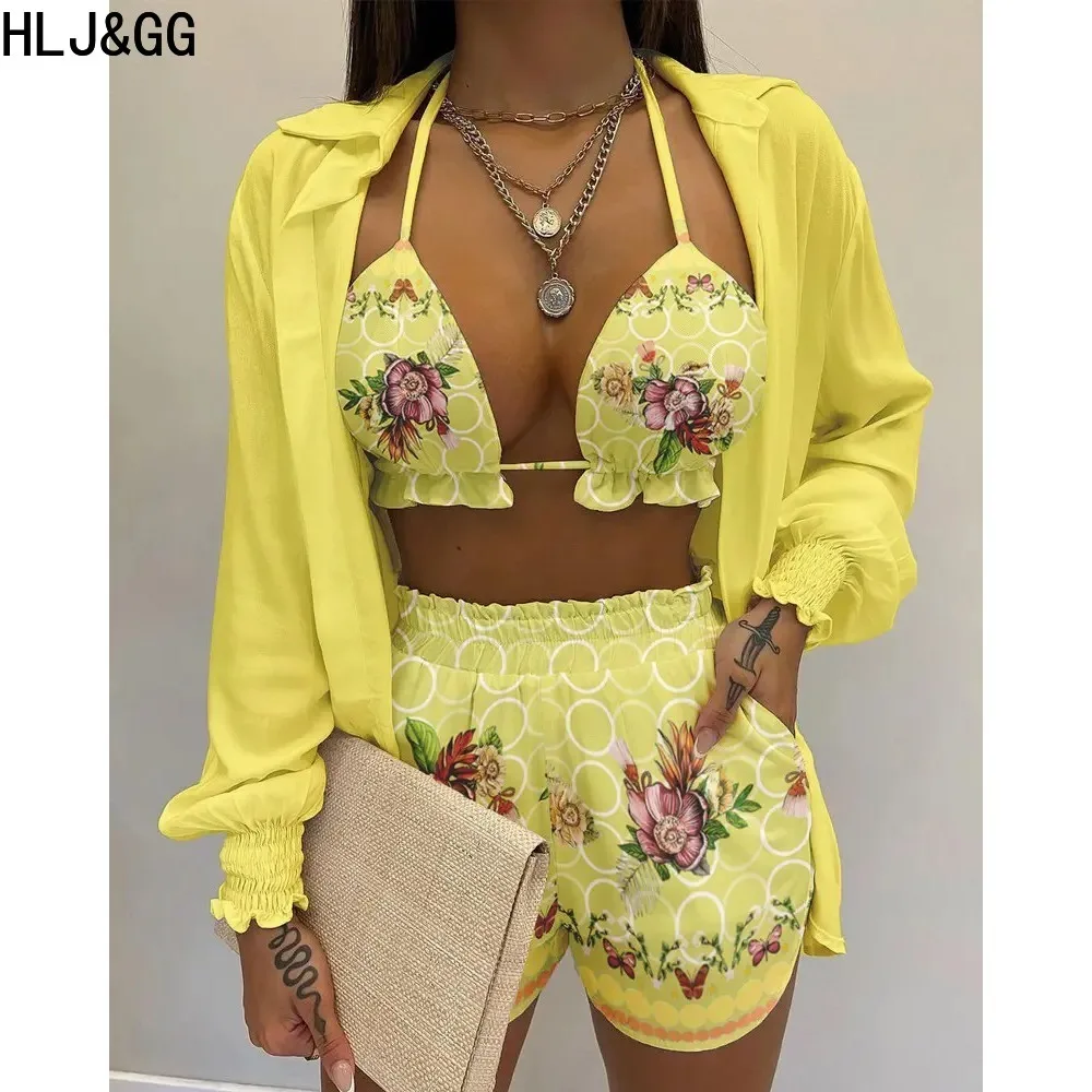 

HLJ&GG Fashion Gradient Tie Dye Printing Shorts Sets Women Bra+Long Sleeve Shirt+Shorts 3 Piece Outfits Casual Female Streetwear