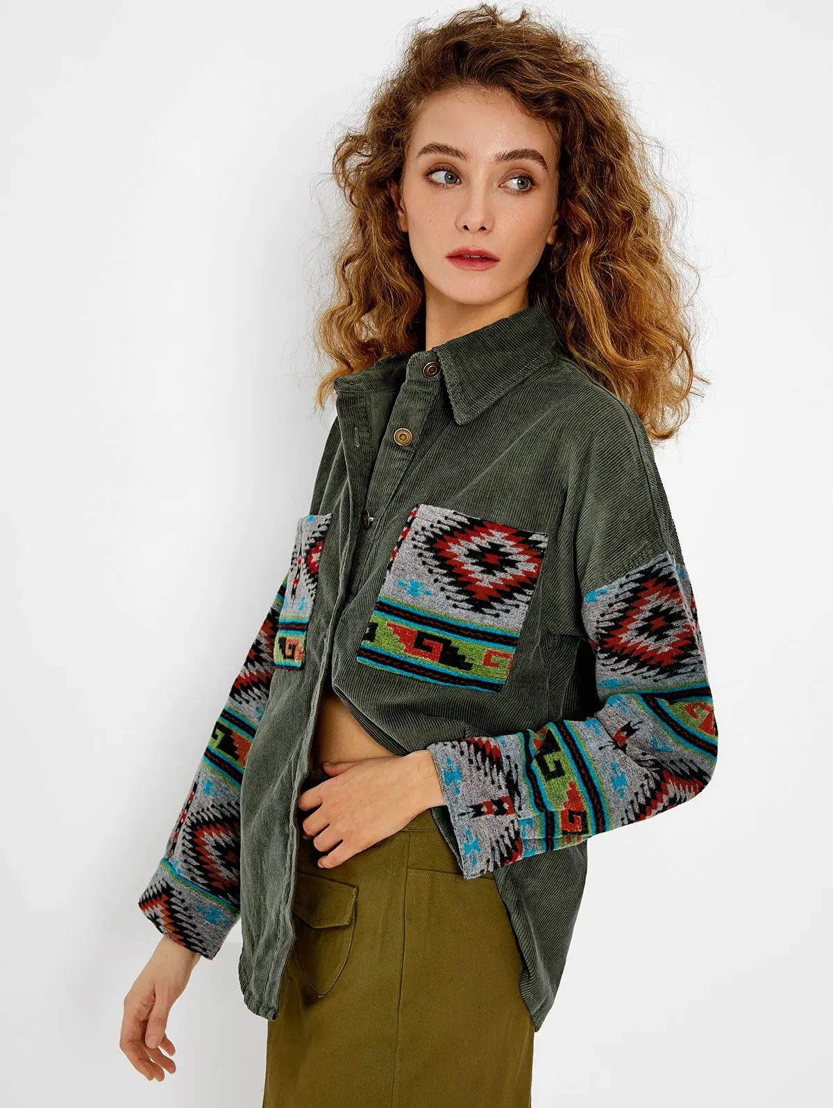 ZAFUL Ethnic Aztec Printed Corduroy Shacket Women Wide Waisted Shirt Jacket Turn Down Collar Drop Shoulder Coat Spring Outwear mens zaful men s paris embroidered fuzzy polar fleece quarter zip stand collar pullover sweatshirt xl