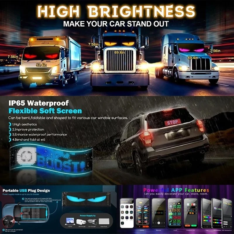LED Display LED Matrix Pixel Panel Programmable Scrolling Text Board Bluetooth APP Control Flexible Screen for Car Truck Decor