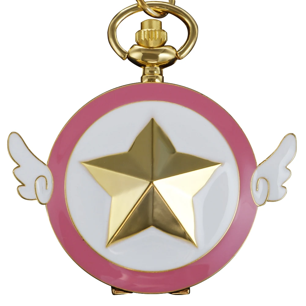 

Star Little Wings Shape Magic Sakura Chain Necklace Anime Pink Quartz Pocket Watch Fashion Women's and Children's Gift