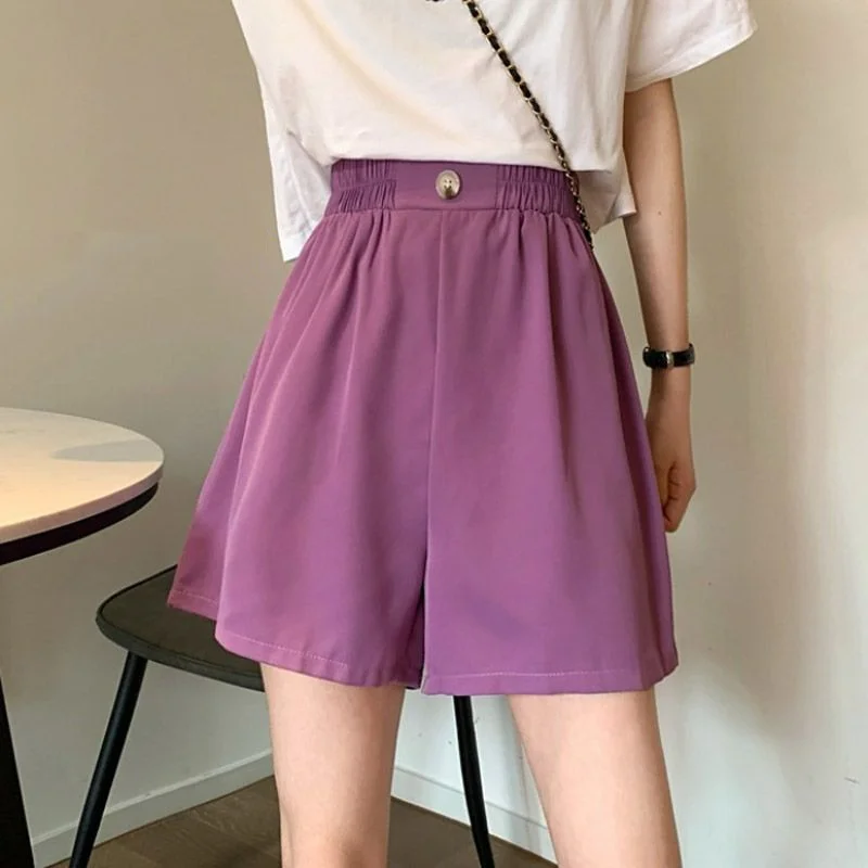 Summer Korean Thin A-line Wide Leg Shorts Solid Women Elastic High Waist Bandage Pocket Folds Breathable Loose Short Pants 2024