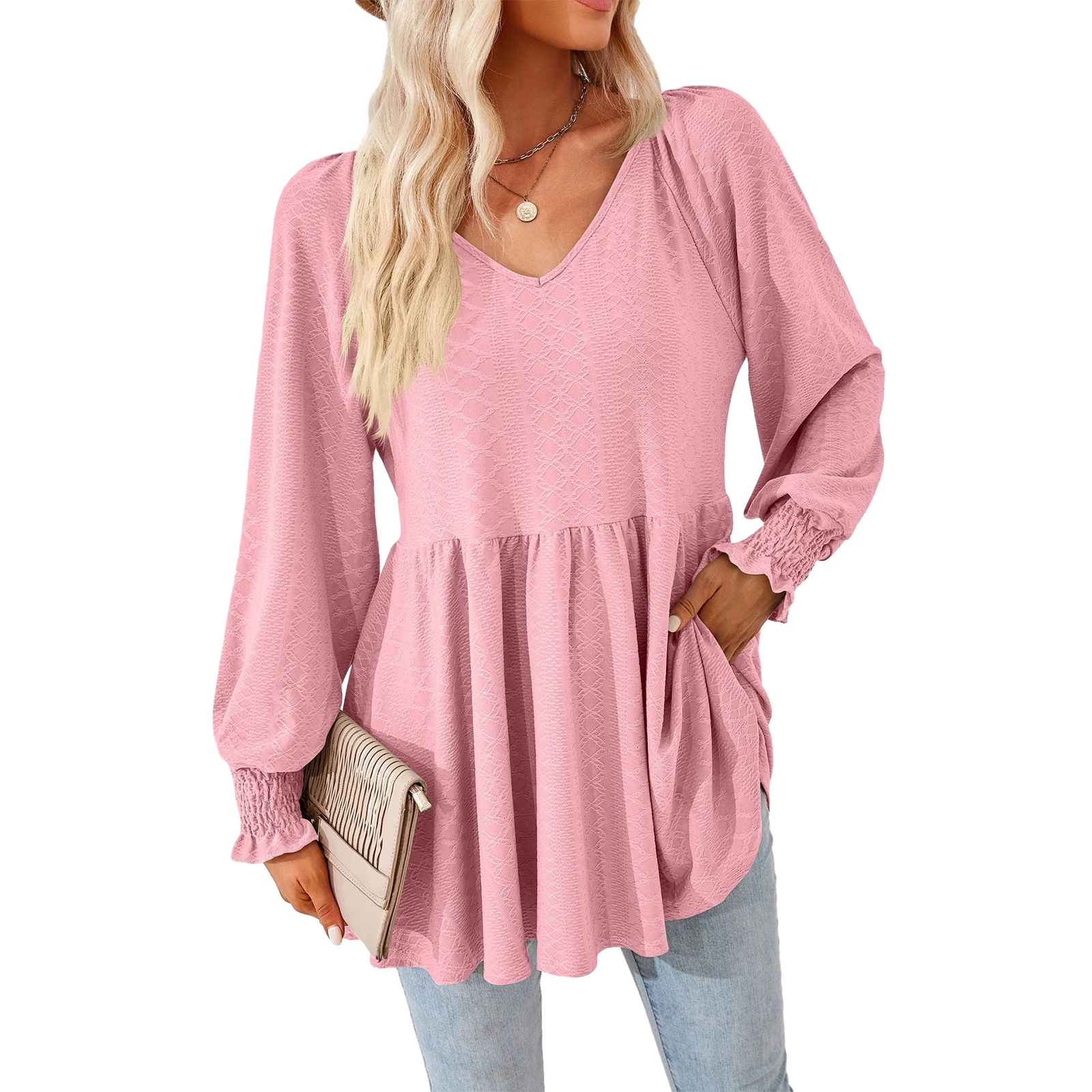 

Women's Solid Color Casual Tunic Tops Long Sleeve V Neck Jacquard Loose T-Shirts Peplum Blouses Female Fall Clothes