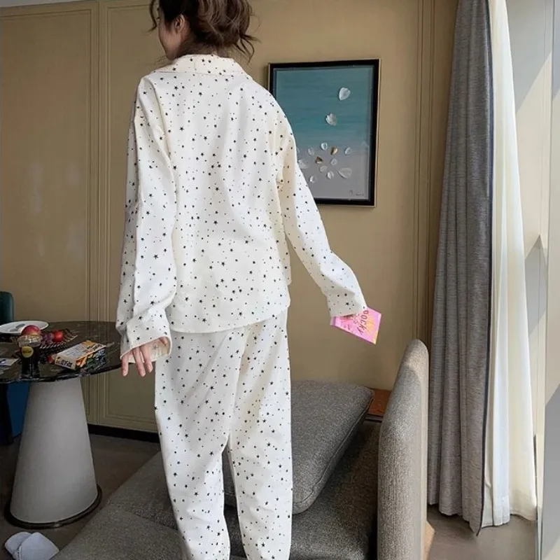2024 New Minimalist Star Loungewear Long Sleeved Pajamas Female Autumn Students Sleepwear V-neck Loose Comfortable Homewear Set
