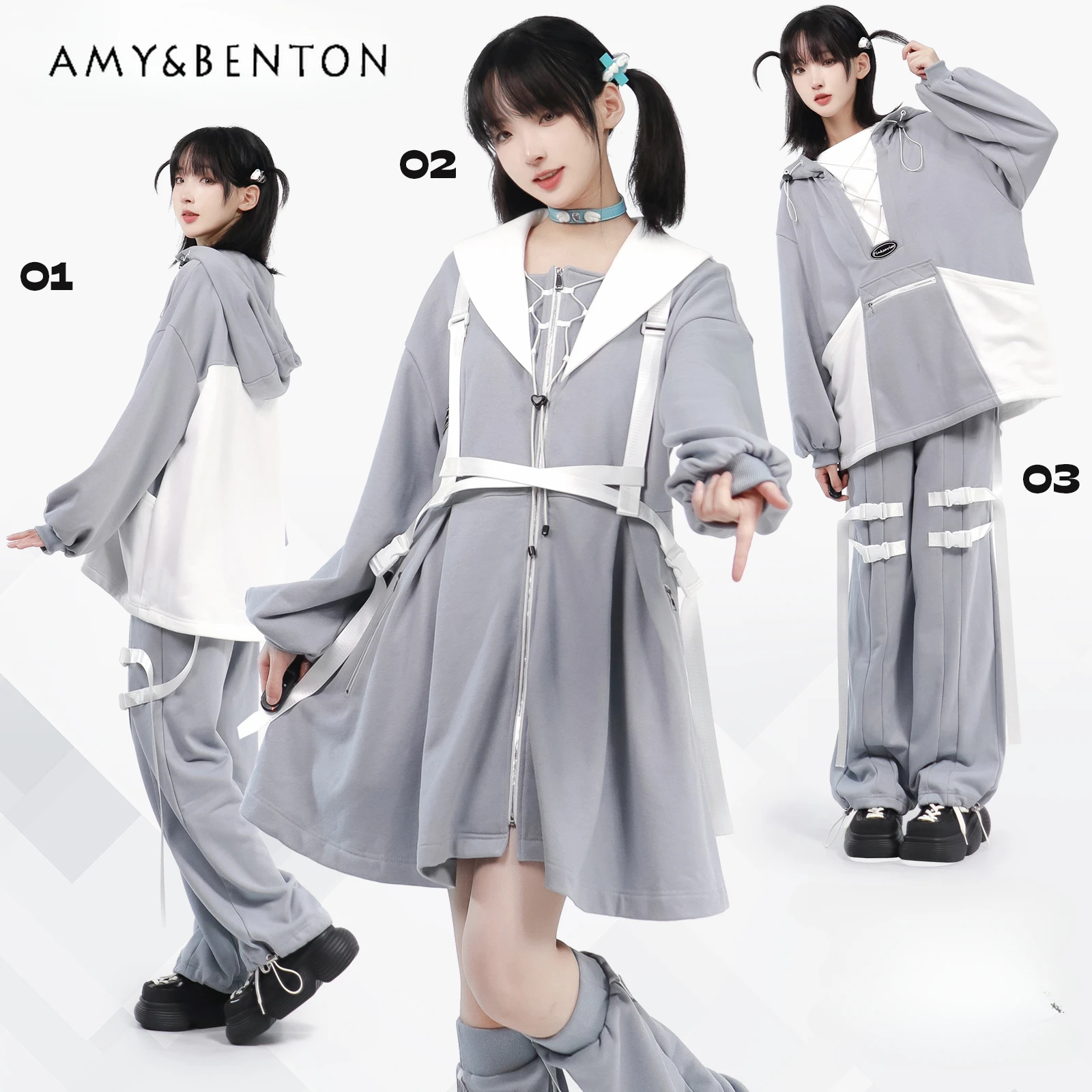 Preppy Style Harajuku Lace Up Belt Lantern Sleeve Coat Long Pant Dress Sets Loose Gothic Two Piece Sets Womens Outifits Autumn