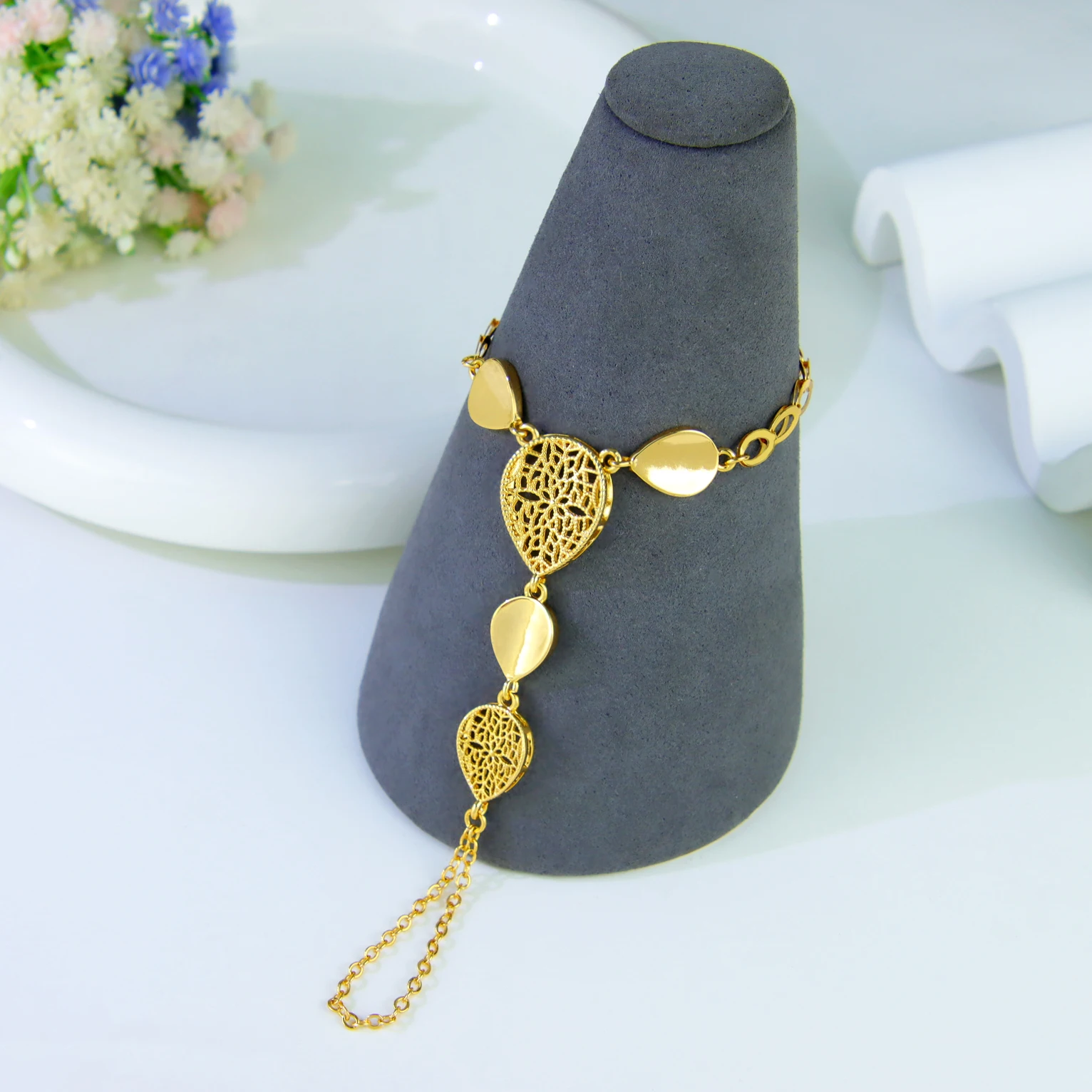 Arabische Mode Gold Farbe Armband 18 Karat vergoldet Nigeria Frauen Hochzeit Hand ketten Dubai Luxus Verlobung feier Schmuck – Detail 7