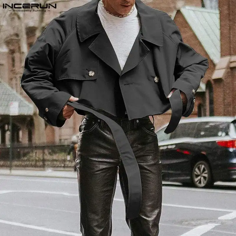 INCERUN Tops 2023 American Style Handsome New Men Solid Cropped Tie Up Design Jacket Casual Male Lapel Trench Jacket Coats S-5XL