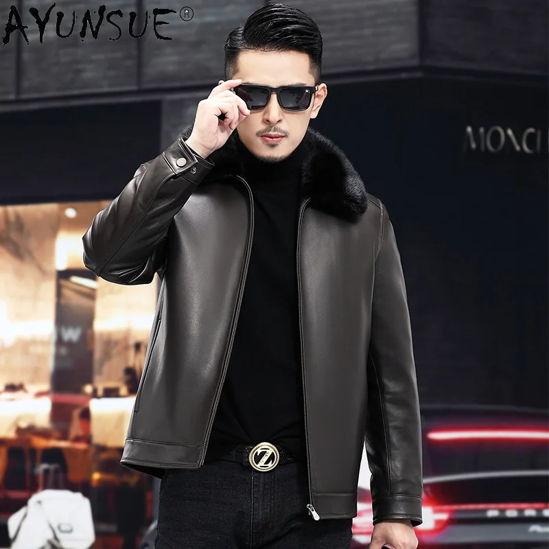 

AYUNSUE 100% Natural Sheepskin Leather Jacket Men Warm Down Jackets Man Winter Genuine Leather Coat Down Coats Mink Fur Collar
