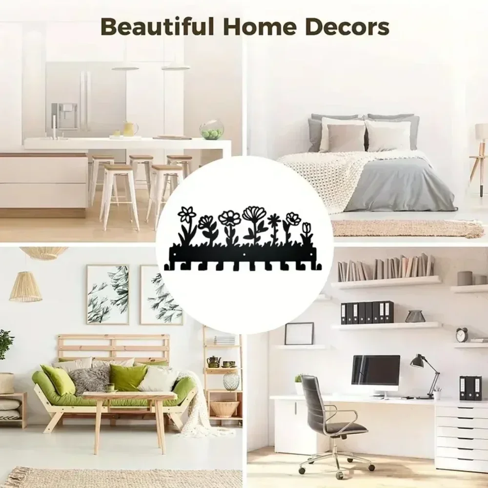 Flower Design Metal Key Holder Wall-Mounted Rack with Hooks, Elegant Storage for Coats and Keys, Stylish Wall Art and Organizer 6