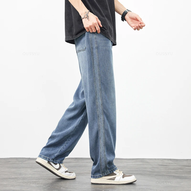 Lyocell Fabric Men's Cargo Jeans Denim Pants Trousers Loose Wide Leg Elastic Waist Casual Plus Size