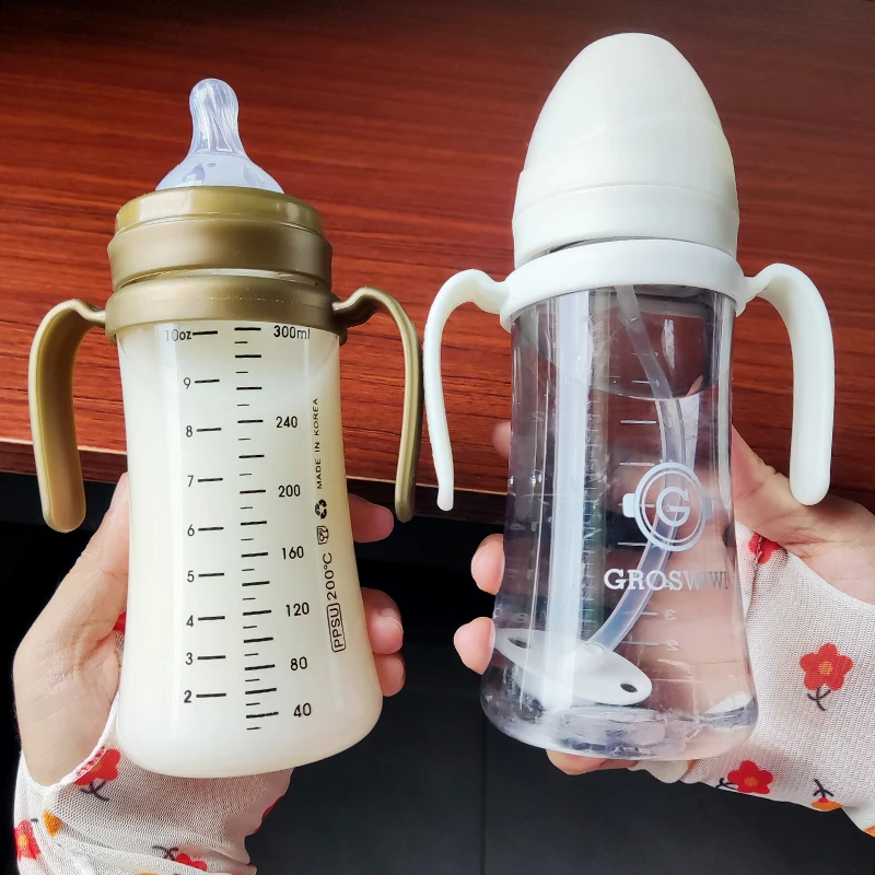 Nano Baby Bottle Feeding Bottles with Handle for Baby Weaning Anti-Choking Nipple Bottle for 0-18 Month 300ml