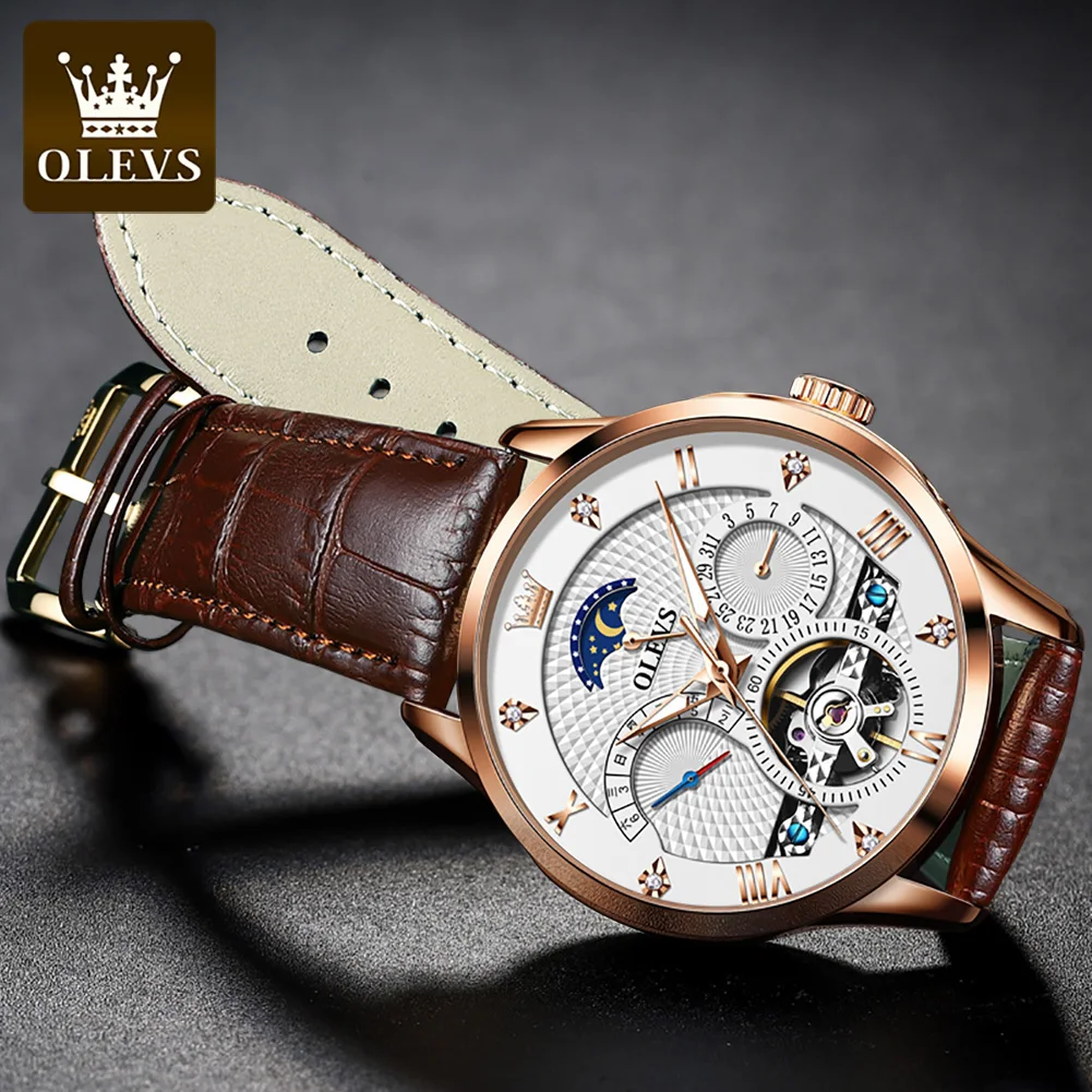 OLEVS Brand New Fashion Tourbillon Mechanical Watch for Men Sport Waterproof Moon Phase Multifunction Business Mens Watches