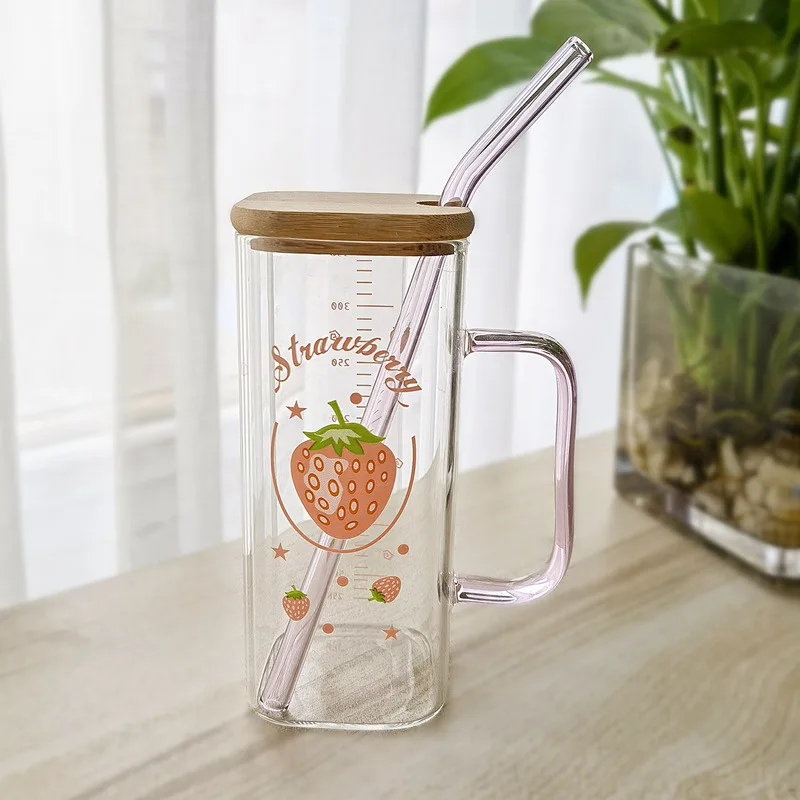 Drinking Glass with Bamboo Lid And Glass Straw,Creative Design Drinking  Glass Cup for Jar Glass, Beer Mug, Iced Coffee Mug, Cute Glass, Dessert