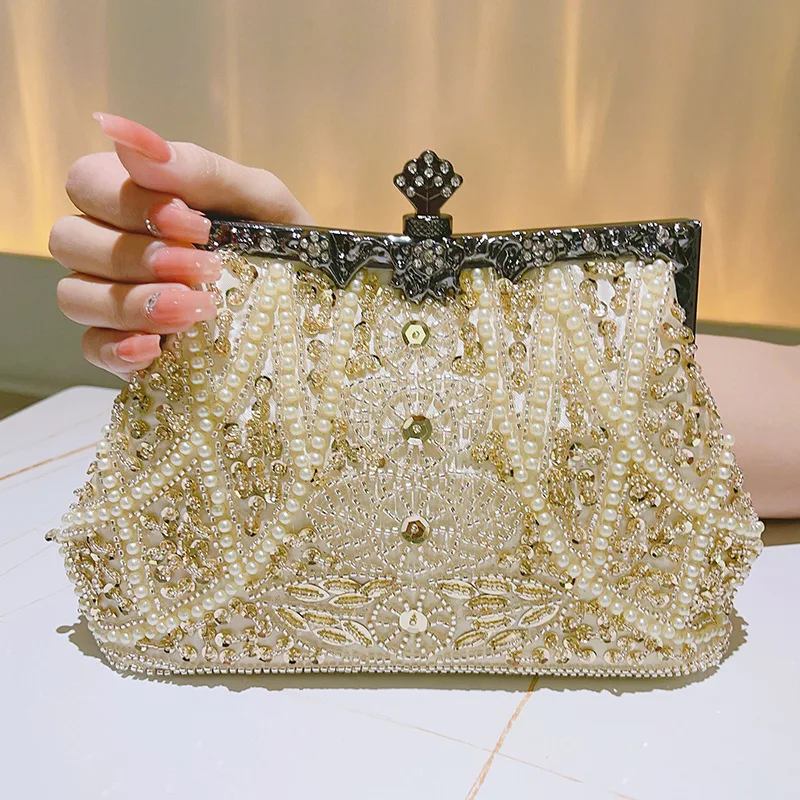 Luxury Handmade Beaded Pearl Clutch for Women Bridesmaid Mother Wedding Party Evening Cocktail Event Handheld Bag