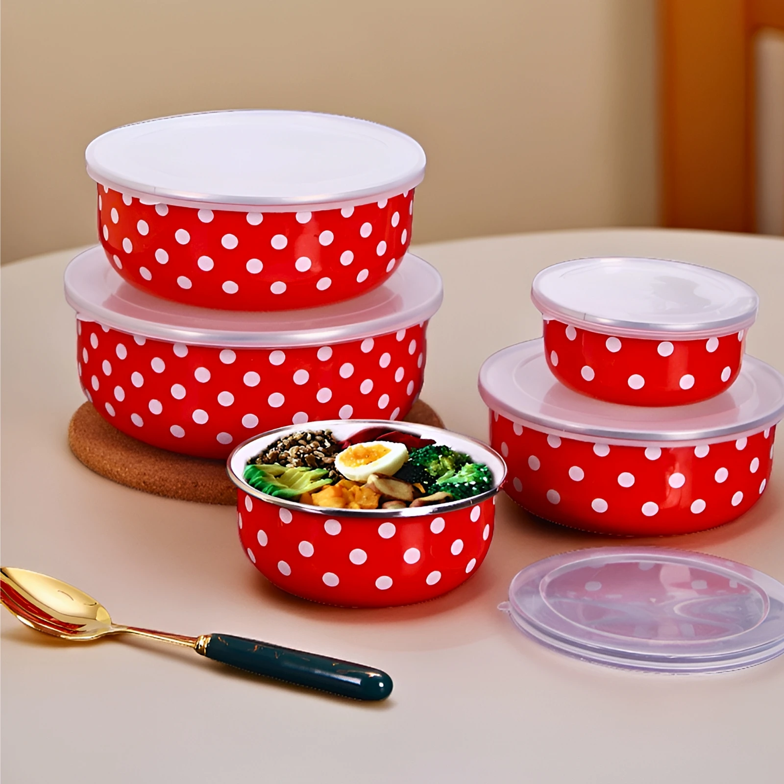 American enamel preservation bowl five-piece set with lid red and white polka dot 5