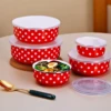 American enamel preservation bowl five-piece set with lid red and white polka dot 5