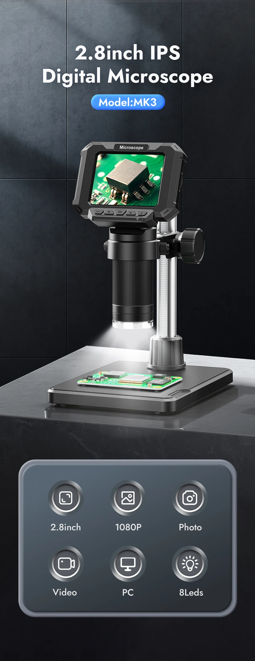 2.8 inch LCD Digital Microscope 1080P USB Magnifier 1000X for Repair Coin PCB Ci