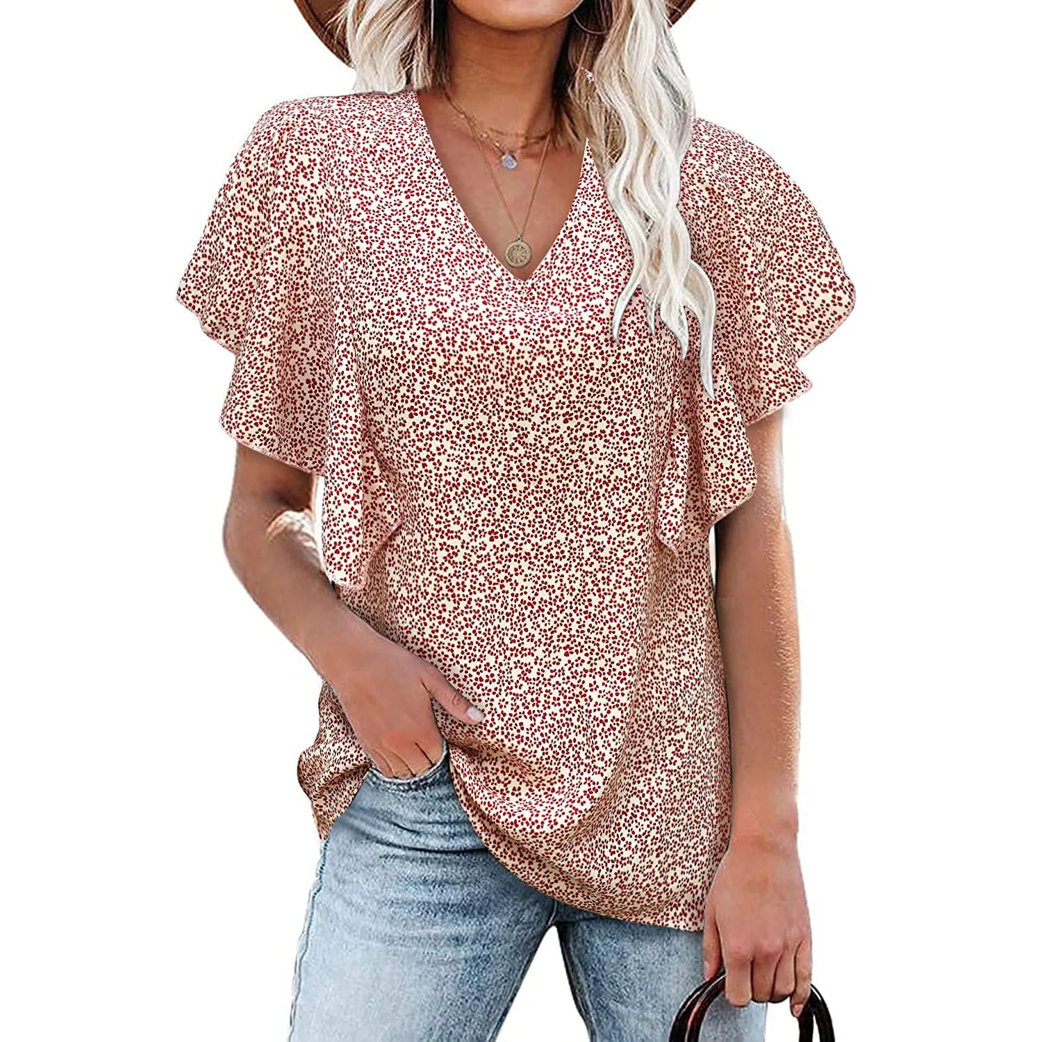 

Gentillove Women's Casual Floral Print V Neck Ruffle Short Sleeve Summer Shirts Tops Loose Chiffon Blouses Pullover