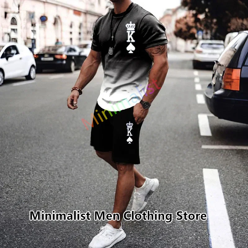 2024 New Summer Men's Set Casual Wear Men's T-shirt+Shorts Sports Suit Letters Playing Card Fashion Trend 2 Piece Outfits