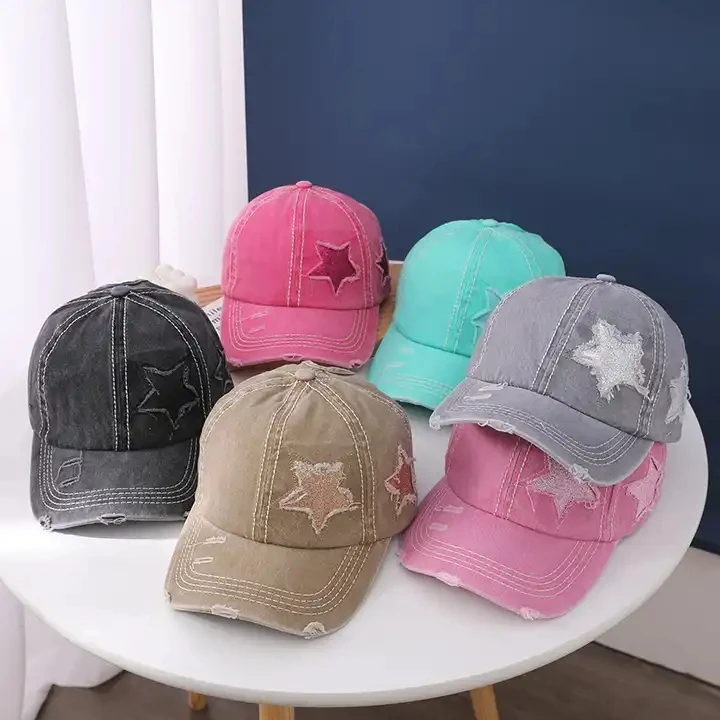 Y2K Washed Denim Hole Baseball Cap Sun Hat For Women Men Star Cotton Ponytail Caps Fashion Hip Hop Vintage Snapback Hats Gorros 2