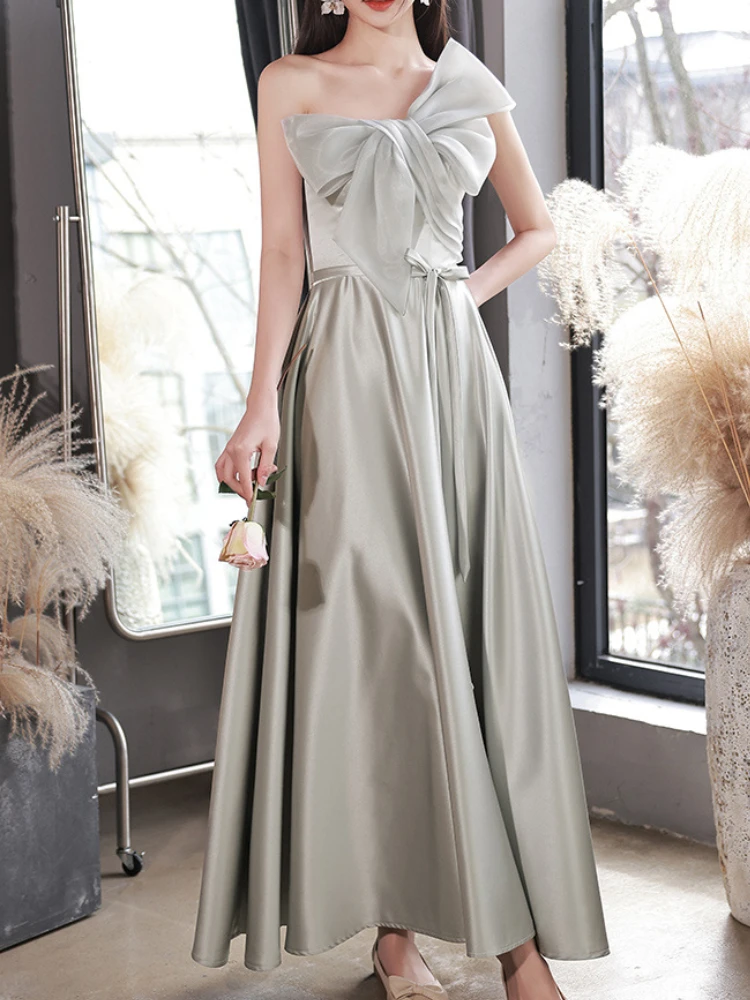 French Simple Halter Strapless Wedding Party Dress Solid Elegant Temperament Cross Lace Up Vestidos Satin Bow Bridesmaid Dresses