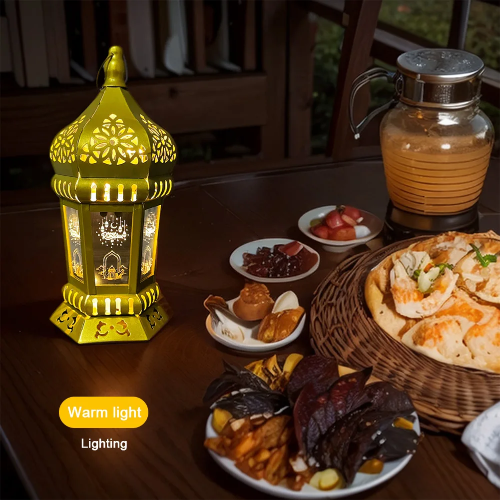 Iron Eid Mubarak Night Light Moroccan Lantern Ramadan Wind Light for Home Eid Mubarak Islamic Muslim Decoration