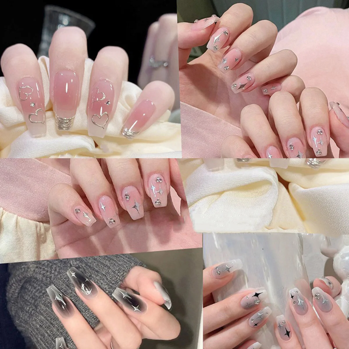 2 Sheets Metallic Star & Heart Nail Stickers3D Self-Adhesive Silver Gold Nail Decals for DIY Manicure, French Tips & Art