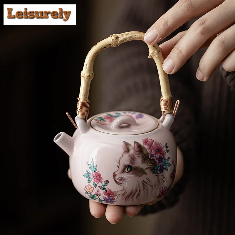 Pink Ru Kiln Flower Cat Lifting Handle Teapot Traditional Tea Infuser Pot Tea Maker Kettle With Strainer Tea Services Gift Craft