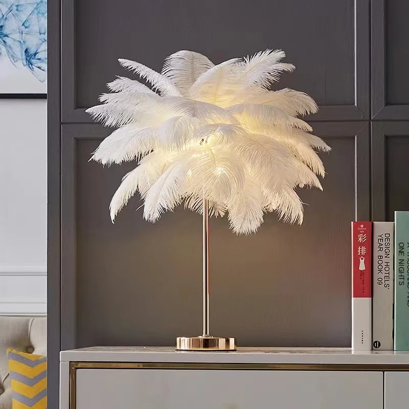 

Modern nordic feather tree lamp ostrich feather table pink white bedside lamps romantic feather table lamp for wedding