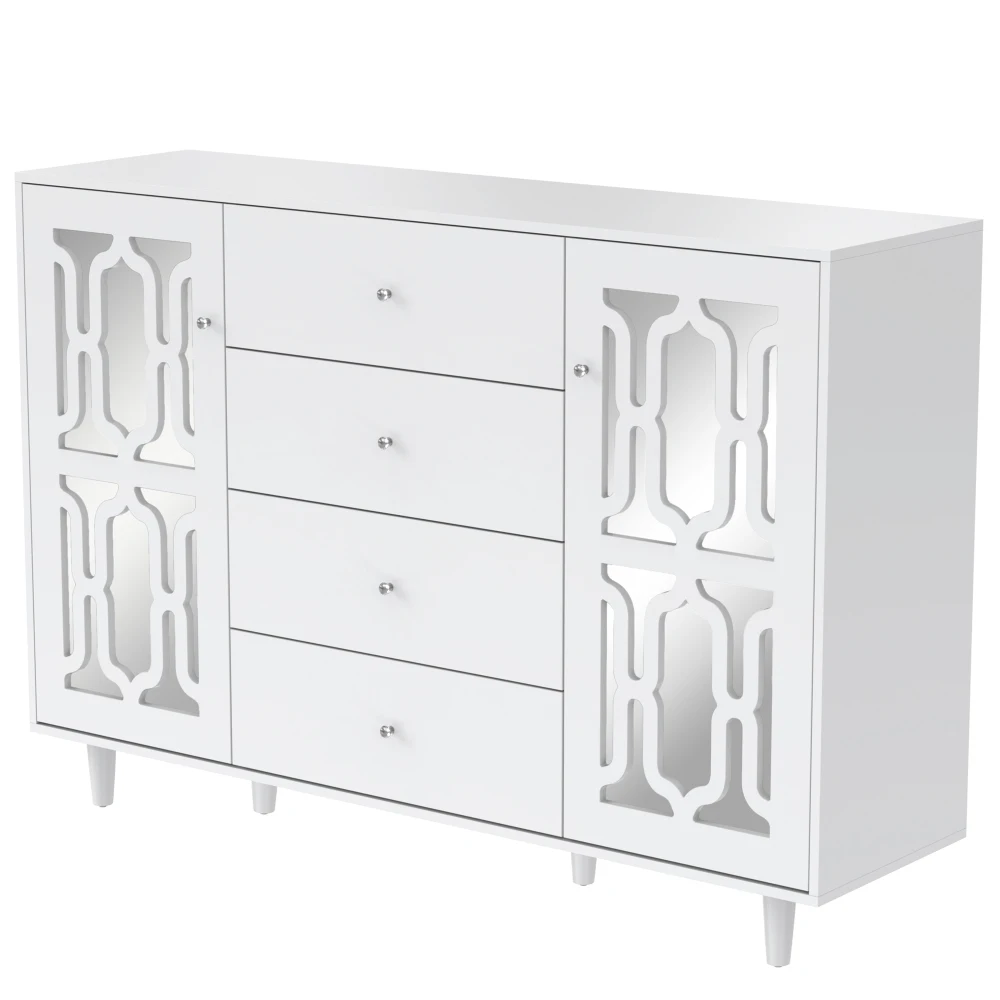 PINGGO Modernes Minimalistisches Sideboard in Weiß mit Spiegelfronten und Eleganten Kristallgriffen für Wohn- und Esszimmer – Detail 12