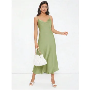 Women's Sexy  Satin Slip Maxi Dress with Draped Neckline - Elegant Formal Evening Gown for Party Wedding Cocktail