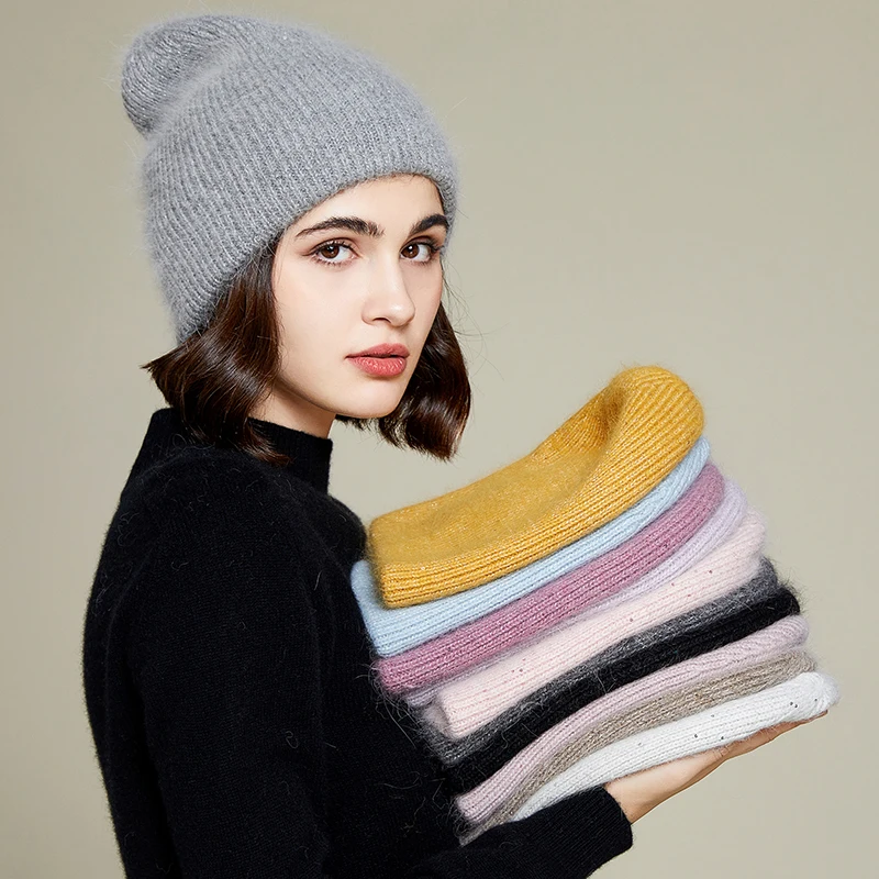 VISROVER Rabbit Cashmere unisex Woman Winter Hat With Lurex&Sequin Autumn Beanies Cashmere Woman Warm Rabbit Fur Skullies 2