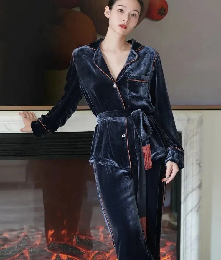 BirdTree, 18%Natural Silk Velvet Pajamas Set, Women Long Sleeve Top Pants, Solid Color Sleep Home Clothes, Fall Winter S48819QM - Image 3