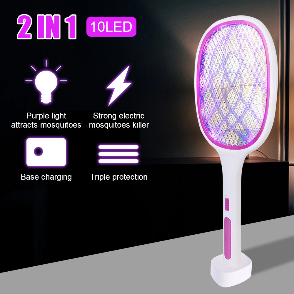 

USB Rechargeable Summer Mosquito Trap Racket Anti Insect Bug Zapper with UV Light Electric Flies Swatter Killer 3000V LED Lamp