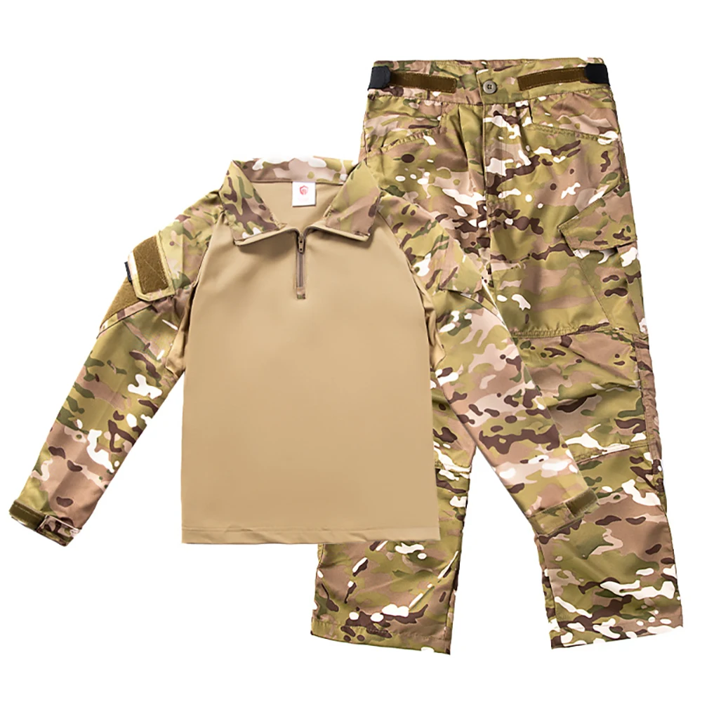 Tactical Suit Kids Outdoor Breathability Elastic Cotton Camouflage Uniform for Children Multi Pocket CS Clothing Training Hunt Special Costume