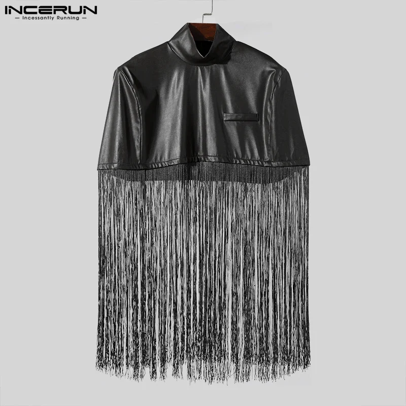 Handsome Well Fitting Tops INCERUN New Men Solid PU Leather Long Tassel Design Trench Casual Male Personality Cropped Cape S-3XL